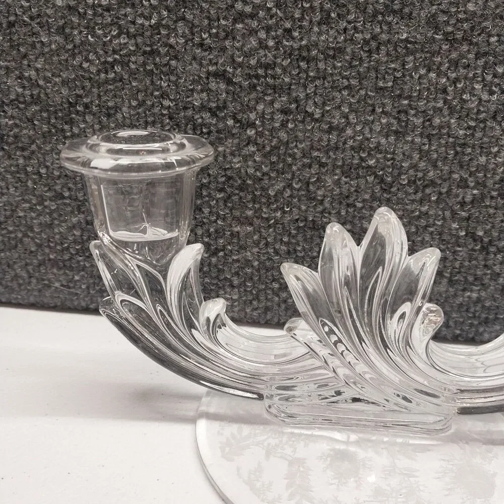 Vintage Clear Glass Double Votive Candle Holder Floral Etched Base Candelabra
